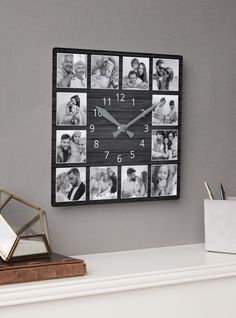 a clock that has pictures of people on the front and back of it with numbers