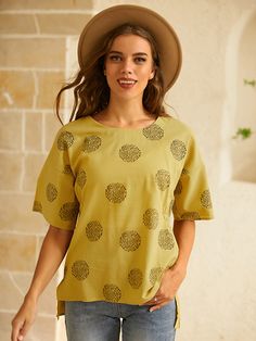 Yellow Crew Neck Polka Dot Print Casual Half Sleeve Shirts & Tops Polka Dot Short Sleeve T-shirt For Spring, Summer Polka Dot Crew Neck Top, Polka Dot Long Sleeve Top With Relaxed Fit, Long Sleeve Polka Dot Top With Relaxed Fit, Cotton Polka Dot Blouse With Relaxed Fit, Relaxed Fit Cotton Blouse With Polka Dot, Polka Dot Cotton Blouse With Relaxed Fit, Polka Dot Short Sleeve Spring Tops, Summer Short Sleeve Polka Dot Top