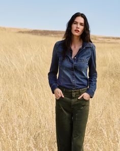 Devika is the classic denim shirt you’ll be reaching for all season long. Crafted from supremely soft denim in a vintage dark blue wash, this lightweight layer is designed with western flare seaming, elevated snap buttons, and double chest pockets. | Devika Shirt - Belinda Blue | Size Small Indigo Shirt For Workwear In Fall, Dark Wash Button-up Jeans, Fall Washed Denim Top With Relaxed Fit, Fall Denim Top With Relaxed Fit, Denim Washed Shirt For Work, Dark Wash Relaxed Fit Shirt For Fall, Fall Dark Wash Relaxed Fit Denim Top, Dark Wash Denim Shirt For Work, Relaxed Fit Dark Wash Shirt For Fall