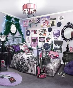 a bedroom decorated in black, white and pink