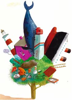 an illustration of a tree with books and other things on it's top, including a whale