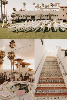 the wedding venue is decorated with white chairs and palm trees