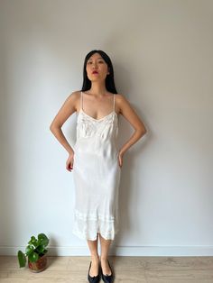 Vintage 1930s lace slip dress made of pure silk satin era: 1930 material: 100% silk  Size: Best fits up to M,small L, model wears S, 36 pit to pit:39cm waist:38cm Full length 112 cm condition: great antique condition Please keep in mind that this is almost 100 years old. It may have small marks and/or snags and sign of wear throughout. Please purchase willing to accept all signs of wear. NOTE For shop updates and extra info please follow me on Instagram: @shikivintage    *SHIPPING -We are shippi 1940’s Slip Dress, Summer Silk Slip Dress With Delicate Lace, Vintage Silk Slip Dress With Spaghetti Straps, Vintage Silk Slip Dress For Wedding Night, Vintage Silk Dress With Spaghetti Straps, Vintage Slip Dress For Wedding Night, Vintage Bias Cut Slip Dress With Spaghetti Straps, Vintage Lace Slip Dress For Spring, Vintage Satin Slip Dress For Spring