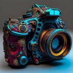 an artisticly designed camera on a blue background