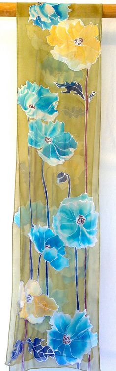 Hand Painted Silk Scarf. Silk Scarves Takuyo. Blue Poppies Green Silk Scarf. Silk Chiffon. Handmade in USA. Approx 11x90 in.. $162.00, via Etsy. Northern Japan, Blue Poppies, Green Silk Scarf, Long Silk Scarf, Silk Chiffon Scarves, Hand Painted Scarves, Batik Art, Painted Scarf, Batik Design