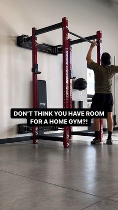 a man standing in front of a gym machine with the words don't think you have room for a home gym?