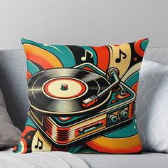 a dj turntable with music notes on it and a record player in the background throw pillow