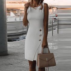 Midi Dress Elegant, Office Dresses For Women, Mini Robes, Midi Dress Casual, Office Dresses, Summer Party Dress, Trend Fashion, Sleeveless Mini Dress, Button Design