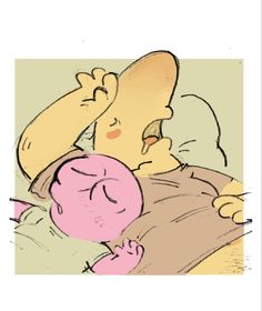 a drawing of a person laying in bed with a pink ball next to it's head