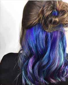 Purple And Turquoise Peekaboo Hair, Hidden Galaxy Hair, Underlayer Hair Color Ideas, Hair Dyed Underneath, Underlights Hair, Undercut Designs, Pravana Vivids, Dyed Hair Pastel