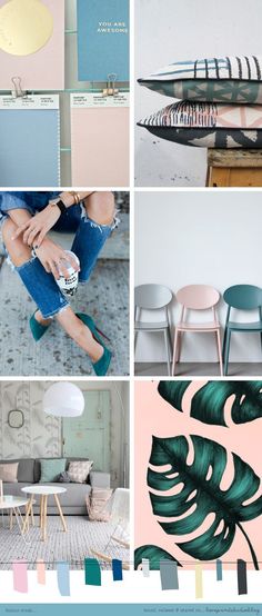 the collage shows different types of furniture and decor in shades of blue, pink, green