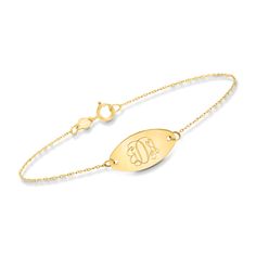 Ross-Simons - Italian 14kt Yellow Gold Personalized Oval Disc Bracelet. 8". RS Pure. Delicate designs and minimalist styles that complete every look. This dainty bracelet will add a personal touch to your stack. In glossy 14kt yellow gold, an oval plate sits at the center of a simple cable chain. May be engraved in block or script type (select from options below). Crafted in Italy. Springring clasp, 14kt yellow gold personalized bracelet. Minimalist Oval Jubilee Bracelet, 14k Gold Oval Bracelet For Everyday, Classic Oval Bracelet For Everyday, Everyday 14k Gold Oval Bracelet, Dainty Oval Bracelet For Everyday, Everyday Oval 14k Gold Bracelet, Classic 14k Gold Name Bracelet, Classic Engraved Oval Gold Bracelet, Classic Oval Gold Bracelet Engraved