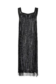 This original 1920s little black dress is an unlabelled haute couture example, fully sequinned all over and in truly excellent antique condition. Tailored to a timeless flapper silhouette, this exquisite tabard gown has a gentle scope neckline, calf-revealing length and flowing, loose-cut body with two side slits up to the knee.  There are two types of sequins, smooth and faceted which form a wave-like pattern.  They shimmer in the light and provide a textual look and finish to the garment. The Flapper Silhouette, Couture Garments, Silk Tulle, Bugle Beads, Black Sequins, Dress Clothes For Women, The Knee, Flapper Dress, Little Black Dress