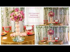 pink flowers in vases on top of a table with gold sequins and drapes