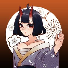 an anime character with horns on her head and black hair, wearing a kimono