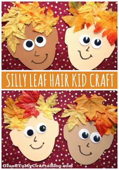 an easy fall craft for kids to make with leaf hair and leaves on the head