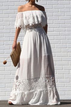 Bohemian White Maxi Dress Crochet Lace off Shoulder Ruffle Peasant Long Dress Boho Wedding Dress - Etsy Flowy Lace Dress With Lace Trim For Garden Party, Fitted Off-shoulder Maxi Dress With Lace Trim, Lace Maxi Dress With Lace Sleeves For Brunch, Short Sleeve Lace Maxi Dress With Ruffles, Off-shoulder Lace Maxi Dress For Wedding, Flowy Scalloped Lace Dress, Flowy Lace Dress With Lace Sleeves, Bohemian Maxi Dress With Lace Patchwork For Garden Party, Lace Maxi Dress With Ruffles And Short Sleeves