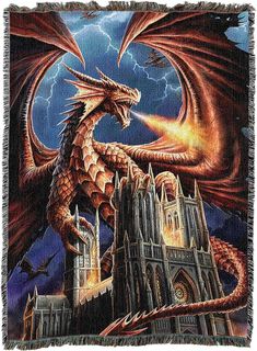 tapestry blanket by Anne Stokes, red dragon perched on cathedral breathing fire, more dragons in the stormy sky Anne Stokes Art Dragons, Anne Stokes Dragon, The Red Dragon, Fairy Glen, Anne Stokes, Gothic Cathedral, Fantasy Gifts, Tapestry Blanket, Red Dragon