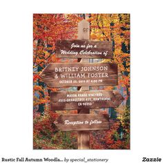 a rustic wooden sign with lights in the background is featured on this fall wedding card