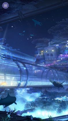 a futuristic city at night with sharks swimming in the water