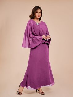 Upgrade your mother of the bride look with our Classy Column Ankle Length Chiffon dress. The elegant chiffon material flows beautifully, while the crystal embellishments add a touch of glamour. Perfect for any wedding or special occasion, this dress will make you feel confident and sophisticated.    Attention!     The cape is a layer of chiffon (Refer to the picture below) Purple Chiffon Dress For Wedding, Purple Chiffon Wedding Dress, Elegant Flowy Floor-length Mother Of The Bride Dress, Elegant Floor-length Flowy Mother Of The Bride Dress, Elegant Organza Dress For Mother Of The Bride, Flowy Georgette Chiffon Dress For Wedding, Elegant Floor-length Chiffon Wedding Dress, Elegant Chiffon Evening Dress For Wedding, Elegant Formal Georgette Mother Of The Bride Dress