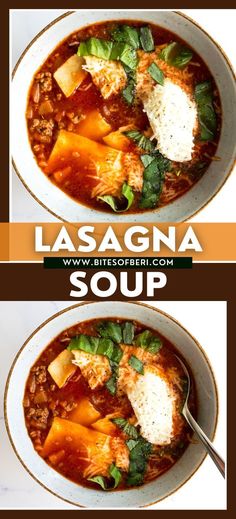 two bowls of lasagna soup with spinach and cheese