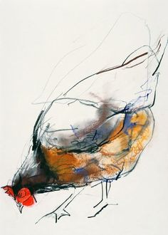 an abstract painting of a bird with red and blue feathers