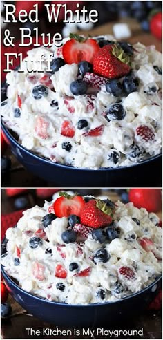 red, white and blue fluff salad in a bowl with strawberries on top