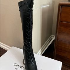 Black, Lace Up Front, Zip Up Inner Side, Never Worn Italian Leather Boots, Tan Boots, Chunky Heels Boots, Boot Brands, Cute Boots, Camel Color, Lace Boots, Lace Up Boots, Knee High Boots