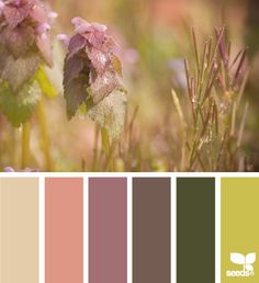 the color palette is different shades of pink, green and brown with leaves on them