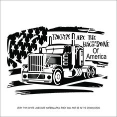 a black and white drawing of a semi truck with an american flag in the background