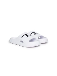 white/black logo print to the front round open toe moulded footbed chunky sole Chunky Slides, Kids Logo, Black Logo, Boys Shoes, Logo Print, Open Toe, Slides, White Black, White And Black