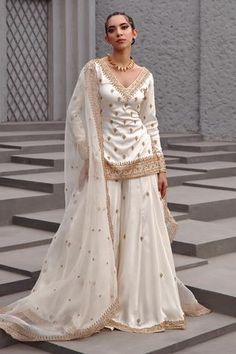 Shop for Jigar Mali White Dupion Silk Embroidered Kurta Sharara Set for Women Online at Aza Fashions Garara Dress, Sharara Designs, Ethereal Elegance, Floral Frocks, Traditional Indian Dress, Desi Fashion Casual, Pakistani Fancy Dresses, Indian Dresses Traditional, Traditional Indian Outfits