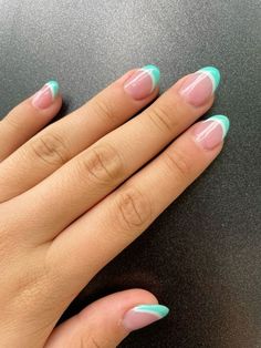 Teal Nails With White Tips, Back To School Nails For Middle School, White And Teal French Tip Nails, Cute Nail French Tips, Turquoise Nails Round, French Tips Teal, Nail Inspo Turquoise, French Tip Nails Teal, Turquoise Tip Nails