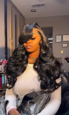 30 Inch Wig Styles, 40 Inch Side Part Wig, Hairstyle Lace Wig, Frontal Install Hairstyles, Deep Side Part Wig Install, Middle Part Buss Down Layers, Side Part Wig Layers, Black Buss Down, Loose Wave Wig Black Women