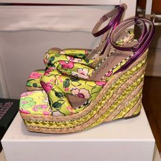 * Braided Wedge Heel With Floral Print Toe Strap * Rhinestone Accents On The Heel * Satin Upper Material * Synthetic Lining * 5 Inch Heel Height 6.5 Only Tried On And Never Worn. Love Them But I Don’t Have Anything That Matches With Them. Surprisingly Light In Weight. Don’t Have The Box Since I Purchased It Without But I Have A Plain Box I Will Ship Them In. Yellow Wedge Sandals With Platform And Round Toe, Yellow Wedge Sandals With Ankle Strap, Yellow Ankle Strap Wedge Sandals, Yellow Round Toe Wedge Sandals For Party, Chic Yellow Ankle Strap Wedge Sandals, Yellow Round Toe Heels For Summer, Yellow Platform Heels For Summer, Yellow Round Toe Summer Heels, Yellow Summer Heels With Round Toe