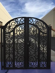 an iron gate with intricate designs on it