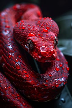 a red snake with water drops on it's body