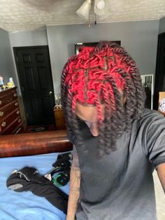 Dread Hairstyles For Men With Color, Dread Color Combos, Ombre Dreads Men, Dyed Locks Men, Dreadlock Braids, Dyed Dreads Ideas, Locs Hair Color, Reverse Dye Dreads, Red Twists Men