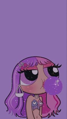 a cartoon girl with purple hair holding a lollipop in front of her face