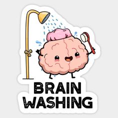 a sticker that says brain washing on it's head with a showerhead