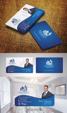 two business cards with blue and white designs on them, one has a man in a suit