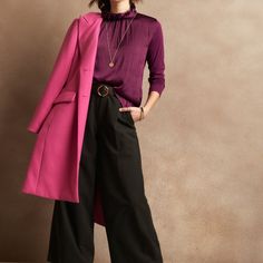 Banana Republic Mixed Media Ruffle Mock-Neck Top Beet Size Xs Color: Beet Root Product Detail Mock Collar. Long Sleeves. Button-And-Loop Closure At Back Neck. Center Back Seam. Straight Hem. Fabric & Care 60% Cotton, 40% Lenzing Modal. Machine Wash. Fit & Sizing Semi-Fitted. Hits At The Hip. Item #779516 Chic Pink Turtleneck Top, Chic Turtleneck Blouse For Winter, Chic Winter Turtleneck Blouse, Chic Pink Blouse For Winter, Chic High Neck Top With Ruffles, Chic High Neck Blouse For Fall, Chic High Neck Fall Blouse, Fall Turtleneck Blouse For Work, Chic Pink Blouse For Layering