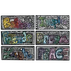 four pieces of art with different designs on them, each depicting the word love and other words