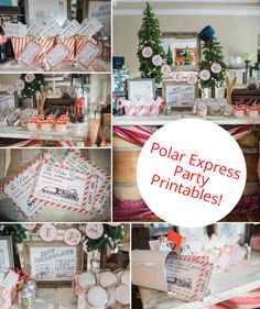 polar express party printables are displayed on a table with other items and decorations