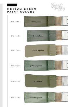 four different shades of paint with the words medium green paint colors on each one side