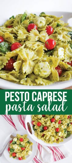 pesto caprese pasta salad with tomatoes and basil