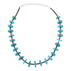 Chaco Canyon Kingman Turquoise and Heishi Shell Beaded Necklace Black heishi shell and blue turquoise draw the eye and create eye-catching contrast on this meticulously handcrafted necklace. Treat yourself to distinctive jewelry you'll build your favorites around.          Approx. 20"L x 3/16"W with 3-1/2" extender      Stamped .925 sterling silver; polished, oxidized finish     Oval-link extender: fish-hook closure     Handcrafted     Designed and Crafted in the USA   Stone Information       All sizes and weights approximate     Stabilized Kingman Turquoise: Disc (15-20mm)     Stabilized Black/Brown Heishi Shell: Rondelle (1x3-4x2mm) Turquoise Jewelry With Polished Beads For Beach, Artisan Turquoise Necklace With Round Beads For Beach, Turquoise Shell Necklace With Round Beads, Southwestern Style Blue Necklace For Beach, Artisan Turquoise Necklace For Beach, Southwestern Blue Beach Necklace, Blue Southwestern Style Beach Necklace, Southwestern Style Blue Beach Necklace, Southwestern Style Necklaces With Natural Stones For Beach