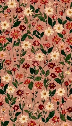 a pink background with many different flowers on it