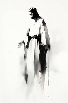 a black and white painting of a person with their hands out to the side,